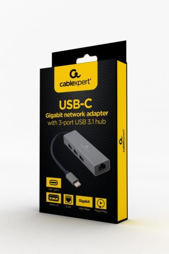 Gembird USB-C Gigabit-Netzwerkadapter mit 3-Port USB 3.1 Hub Grau