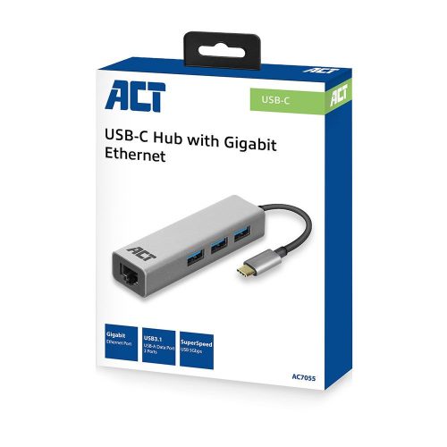 ACT AC7055 USB-C Hub 3-Port mit Gigabit Ethernet Grau