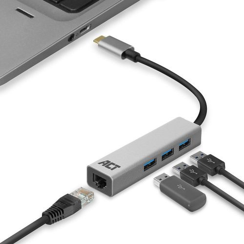 ACT AC7055 USB-C Hub 3-Port mit Gigabit Ethernet Grau