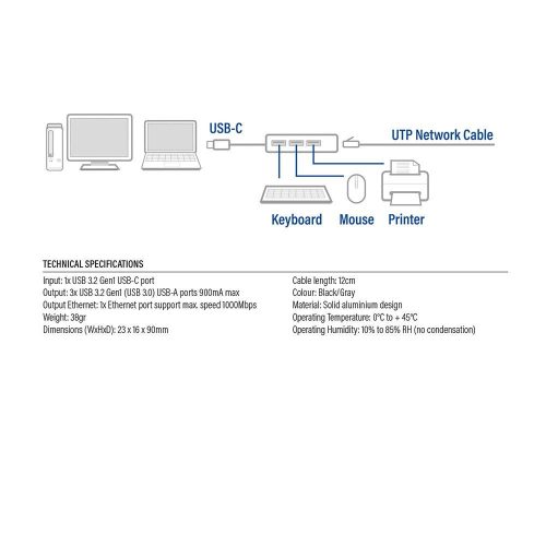ACT AC7055 USB-C Hub 3-Port mit Gigabit Ethernet Grau