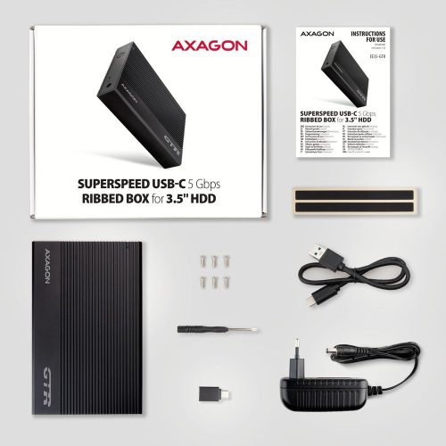 AXAGON EE35-GTR USB-C 3.2 Gen 1 - SATA 6G 3.5" Externes RIBBED-Gehäuse Schwarz