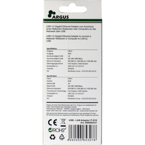 Inter-Tech Argus IT-810 USB Gigabit Ethernet Adapter Schwarz
