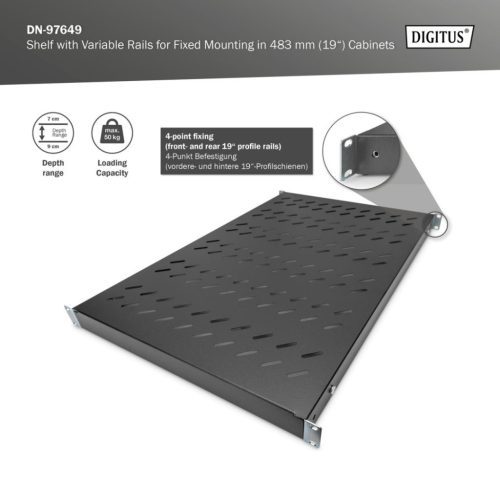 Digitus 1U fixed shelf for 1000mm deep racks 44x482x700mm adjustable. 700-900mm Depth Black