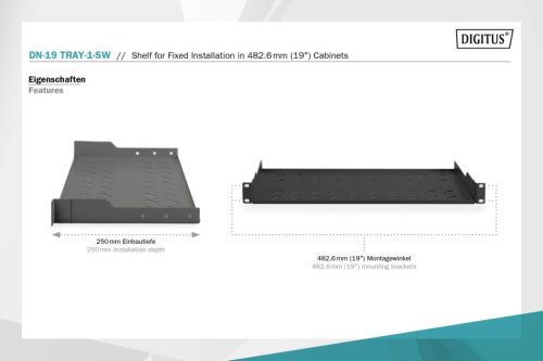 Digitus 1U fester Regalboden für Gestelle ab 400mm Tiefe 45x483x250mm bis zu 15kg Schwarz (RAL 9005)