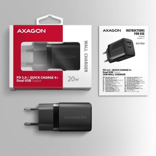 AXAGON ACU-PQ20 PD3.0 & QC4+ Dual Outputs Wandladegerät 20W Schwarz
