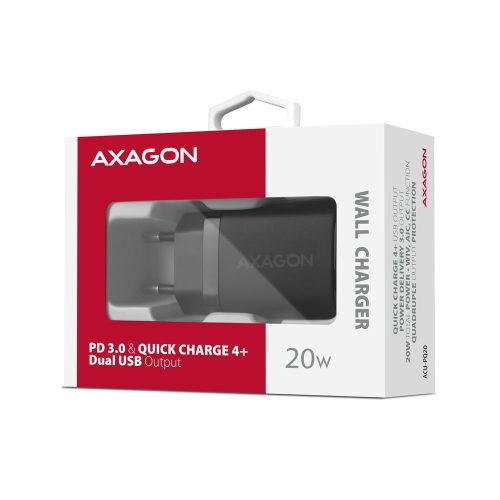 AXAGON ACU-PQ20 PD3.0 & QC4+ Dual Outputs Wandladegerät 20W Schwarz