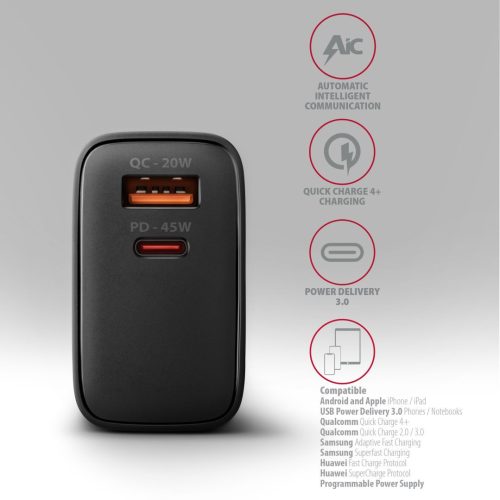 AXAGON ACU-PQ45 PD3.0 & QC4+ 2xOutputs Wandladegerät 45W Schwarz