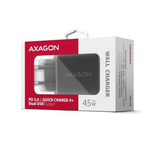 AXAGON ACU-PQ45 PD3.0 & QC4+ 2xOutputs Wandladegerät 45W Schwarz
