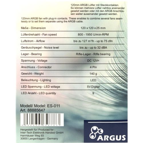 Inter-Tech ES-011 120mm Lüfter mit A-RGB-Beleuchtung und PWM-Steuerung