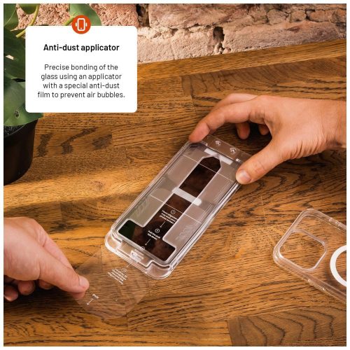 FIXED Extrem langlebiges gehärtetes Glas mit Puderapplikator für Apple iPhone 15/iPhone16, Schwarz