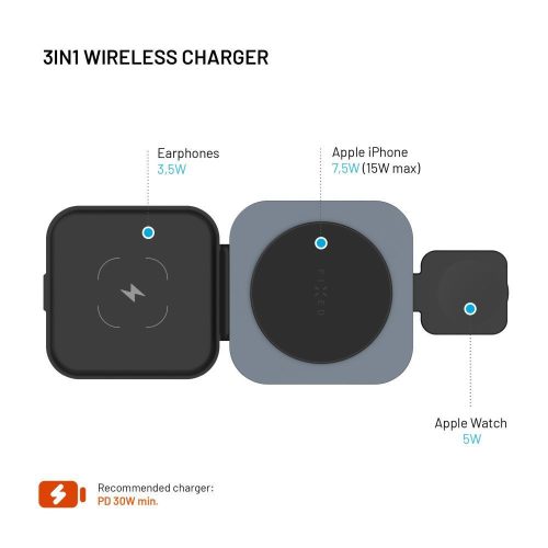 FIXED MagFlex kabelloses Ladegerät, gleichzeitiges Laden von 3 Geräten, MagSafe-Unterstützung, grau