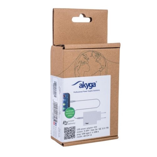Akyga AK-CH-14 USB-A + USB-CPD 5-20V / max. 3A 45W QuickCharge 3.0 Netzteil