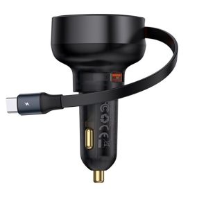   Baseus Enjoyment Pro Auto-Schnellladegerät 60W, USB Typ-A + USB Typ-C Automatisches Einziehkabel, Schwarz