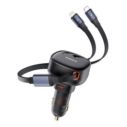 Baseus Enjoyment Pro Auto-Schnellladegerät 60W, USB Typ-C + USB Typ-C/iPhone automatisches Einziehkabel, Schwarz