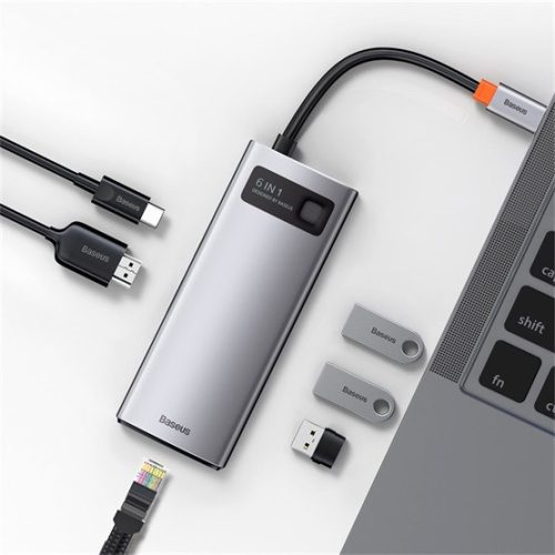 Baseus Metal Gleam 6-in-1 USB Type-C HUB Dockingstation, grau