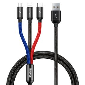   Baseus Drei Primärfarben 3-in-1 USB Typ-A – iPhone+USB Typ-C+Micro USB, 3.5A Schnelllade-Datenkabel, 1.2m, schwarz