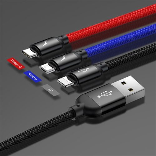 Baseus Drei Primärfarben 3-in-1 USB Typ-A – iPhone+USB Typ-C+Micro USB, 3.5A Schnelllade-Datenkabel, 1.2m, schwarz