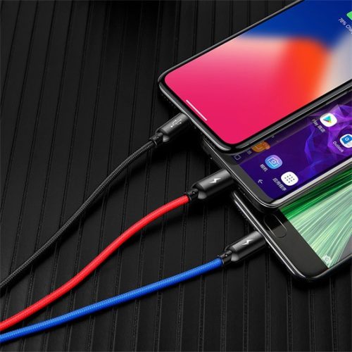 Baseus Drei Primärfarben 3-in-1 USB Typ-A – iPhone+USB Typ-C+Micro USB, 3.5A Schnelllade-Datenkabel, 1.2m, schwarz