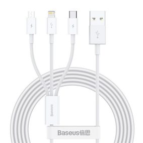   Baseus Superior USB Typ-A – iPhone+USB Typ-C+Micro USB, 3,5A Schnelllade-Datenkabel, 1,5m, weiß