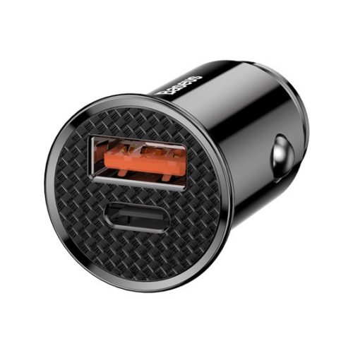 Baseus Rundes Kunststoff-Autoladegerät 30W, USB Typ-A + USB Typ-C, Schwarz