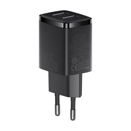 Baseus Kompaktes Netzladegerät 10,5W, 2×USB Typ-A, Schwarz