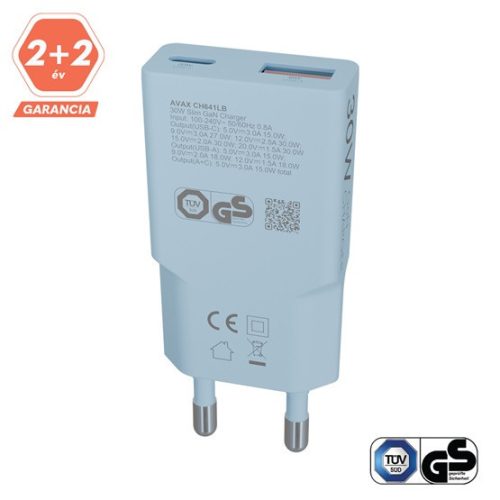 AVAX CH641LB NANO SLIM 30W Ladegerät Adapter USB-C (PD3.0)+USB-A (QC3.0), Hellblau