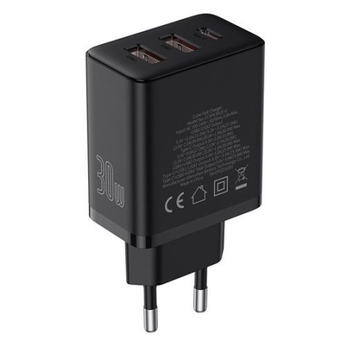 Baseus Cube Netz-Schnellladegerät 30W, USB Typ-C + 2×USB Typ-A, Schwarz