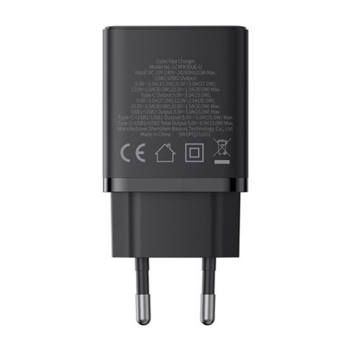 Baseus Cube Netz-Schnellladegerät 30W, USB Typ-C + 2×USB Typ-A, Schwarz