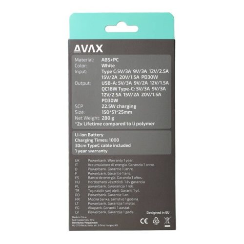 AVAX PB106W FREIZEIT PD/Typ-C 30W+QC 18W Schnelllade-Powerbank 15.000mAh, weiß - Geöffnetes Produkt