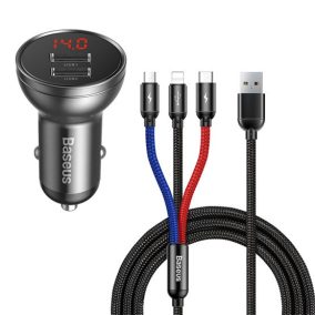   Baseus Digital Display Autoladegerät 24W, 2×USB Typ-A, schwarz + 3.5A 3-in-1, 1.2m 3-farbiges Kabel