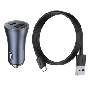   Baseus Golden Contactor Pro Auto-Schnellladegerät 40W, USB Typ-A + USB Typ-C, grau + 100W USB 1m Kabel