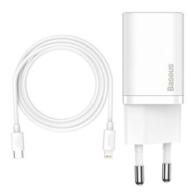   Baseus Super Si Netzladegerät 20W, USB Typ-C, Weiß + 20W USB Typ-C – iPhone 1m Kabel